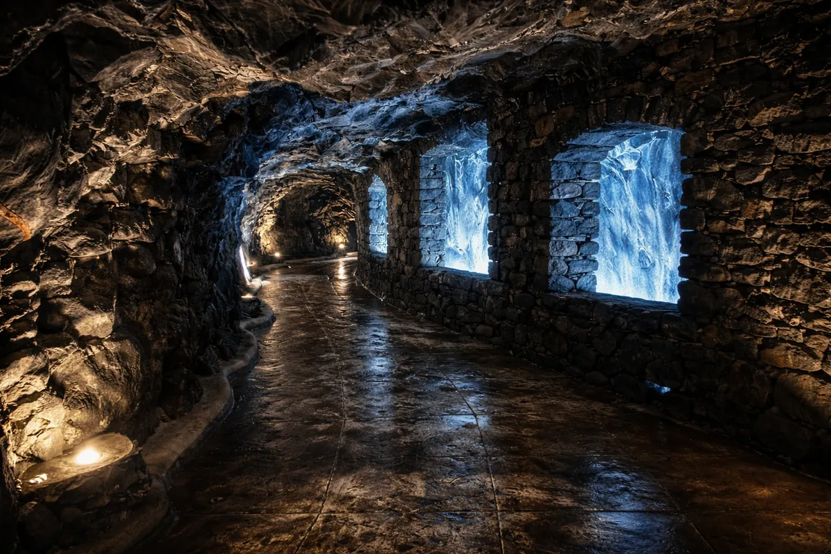 Lit lava tunnel with volcanic stone walls in Madeira